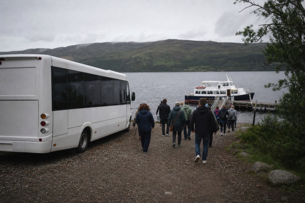 Coach and cruise day-trippers boarding a Loch Ness boat after transfer from Inverness